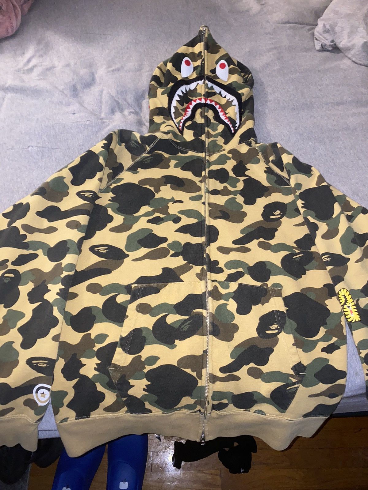 image of Bape 1St Camo Ponr Shark Full Zip Hoodie in Yellow, Men's (Size XL)