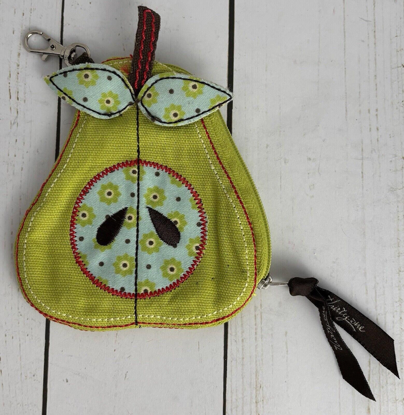 Designer Thirty One Pear Coin Purse Keychain Clip Green Blue Floral, Women's