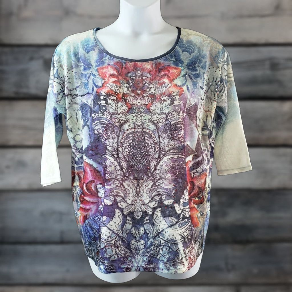 Mary McFadden Mary McFadden Womens Top 1X Blue Red Embellished 3/4 Sleeve T-Shirt Multicolor Casual Womens Size XL / US 12-14 / IT 48-50 - 1 Thumbnail