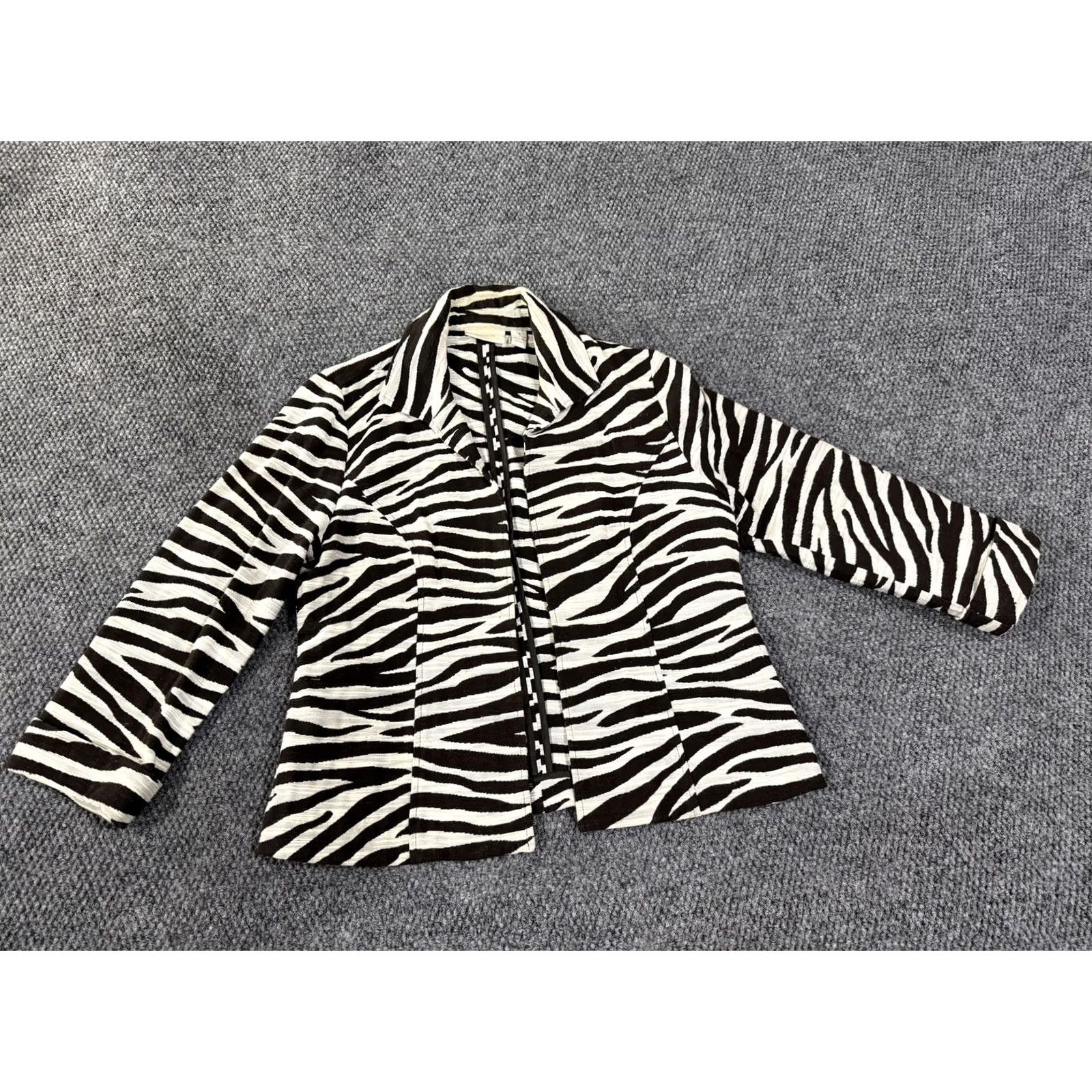 Vintage Chico's Womens Blazer Jacket Zebra Print Full Zip Collared Cotton Black White Size XS / US 0-2 / IT 36-38 - 2 Thumbnail