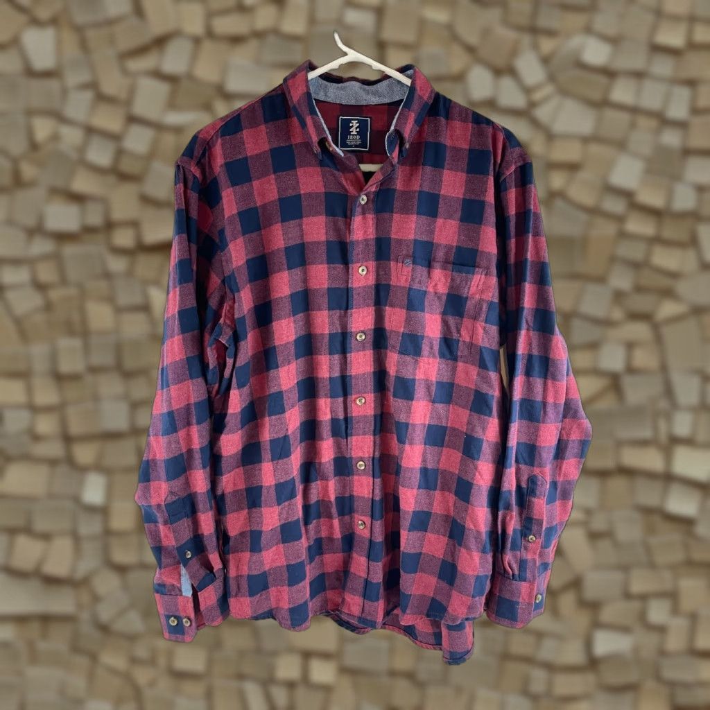 Izod IZOD Shirt Mens Size Medium Maroon Navy Blue Buffalo Plaid Button Up Flannel Size US M / EU 48-50 / 2 - 1 Thumbnail