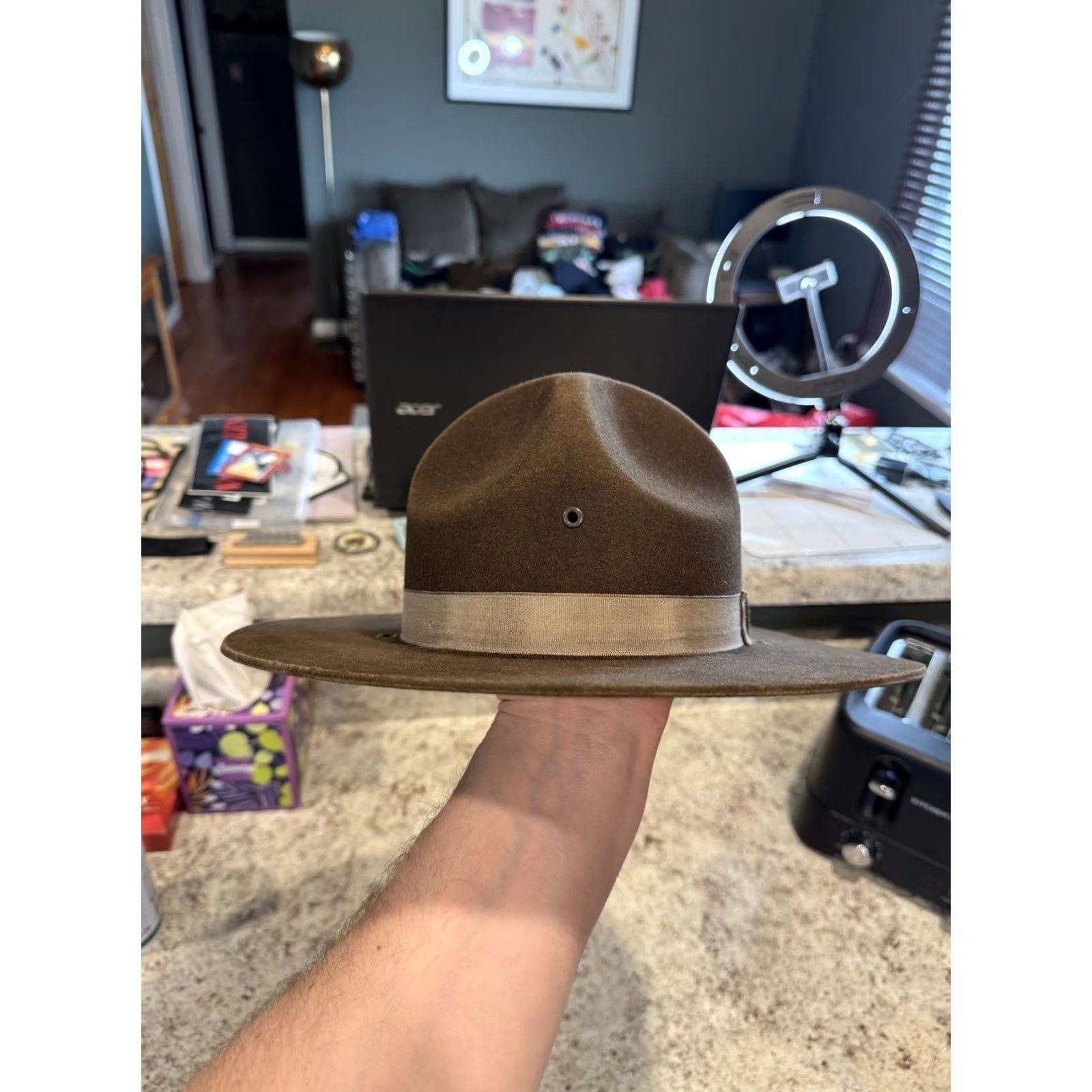 FELT VINTAGE Stratton Self Forming Drill Sergeant Instructor Wool Felt Hat 7 1/8 USA Size ONE SIZE - 4 Thumbnail