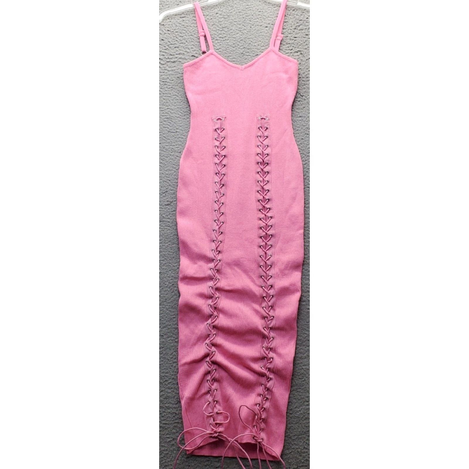 Pinko Highlight Bodycon Dress Women Size S Pink Ribbed Lace Up Stretch Adjustable Strap Missing Size S / US 4 / IT 40 - 2 Thumbnail
