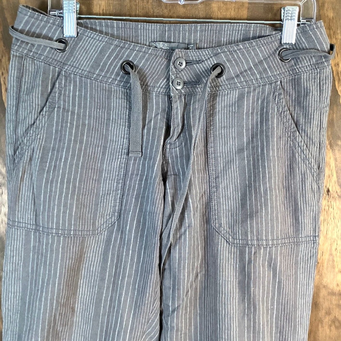 Prana PrAna Womens Pants Gray Pinstripe Drawstring Joggers Crop Linen Blend Stretch 0 Size 25" / US 0 / IT 36 - 2 Thumbnail
