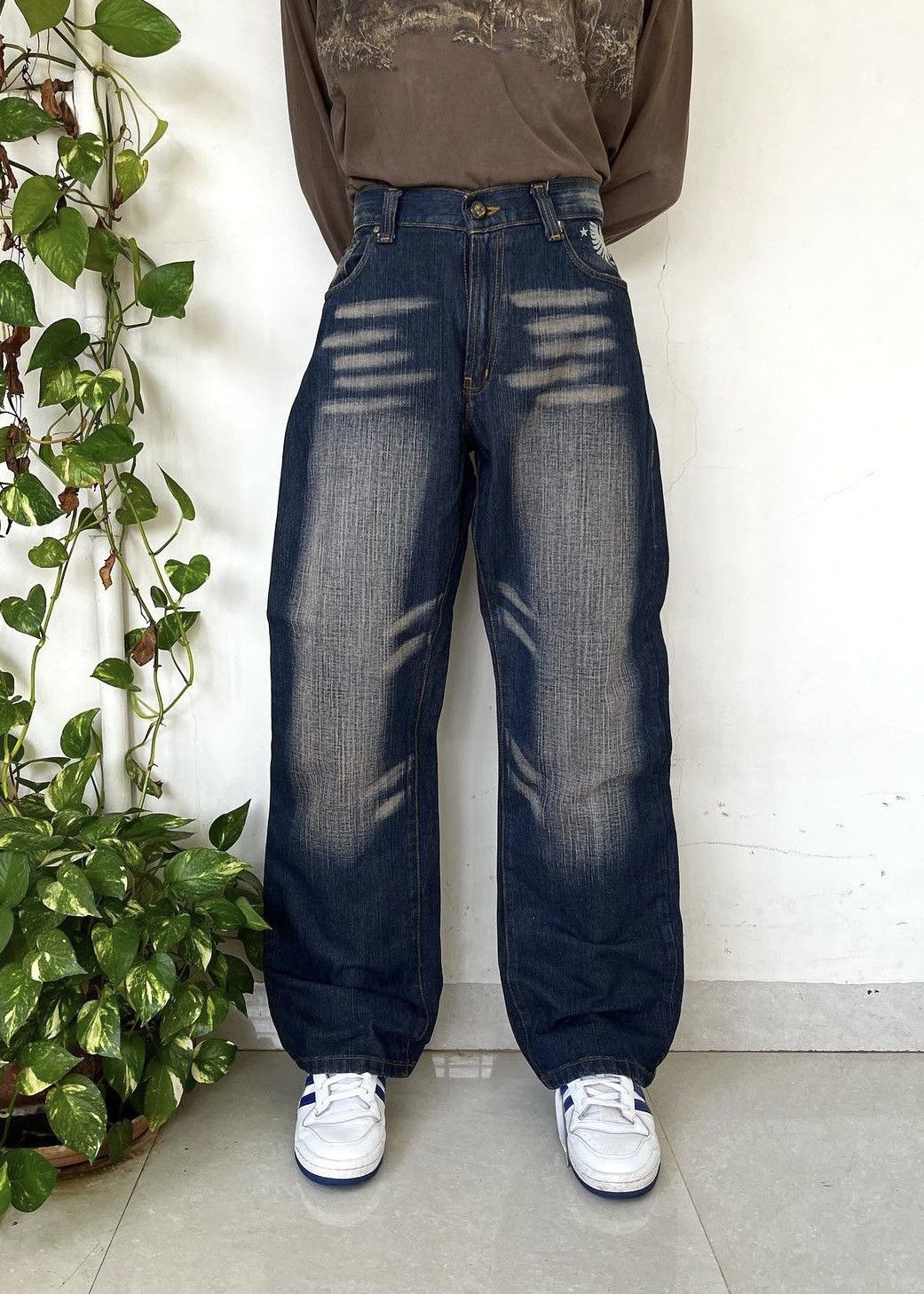 Image of Archival Clothing Y2K Japanese Denim Wide-Leg Baggy Jeans in Navy, Men's (Size 35)