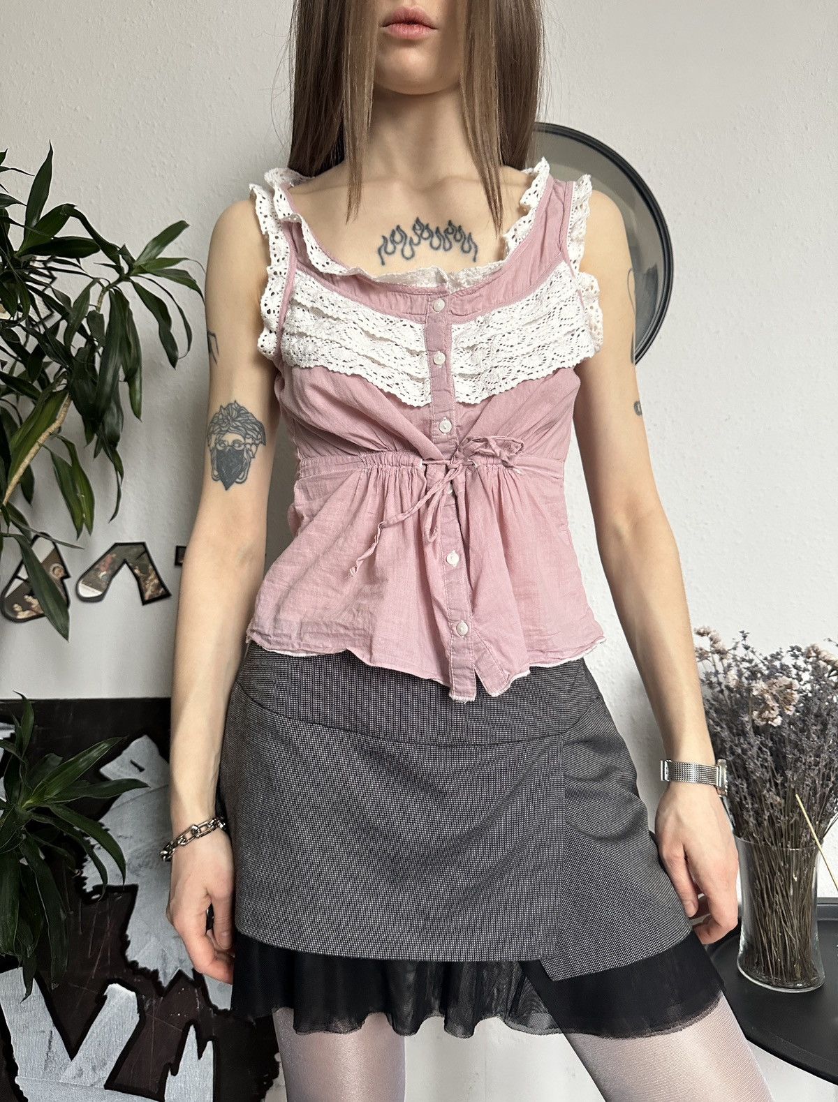Designer × Vintage Vintage Powder Pink Lace Cute Babydoll Blouse 00s Size M / US 6-8 / IT 42-44 - 5 Thumbnail