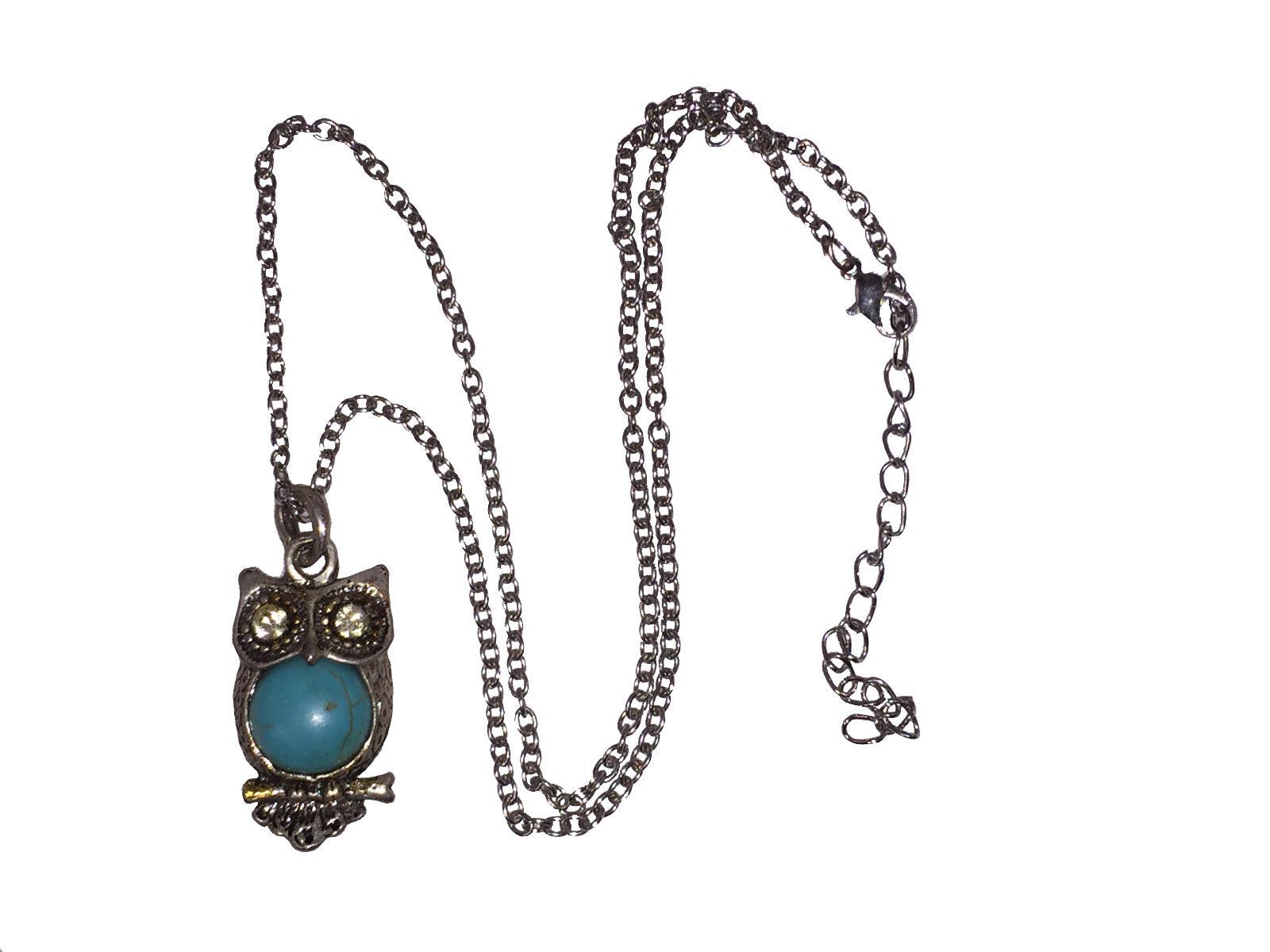 Designer Fun Silver Tone Turquoise and Rhinestone Owl Charm Necklace Size ONE SIZE - 1 Thumbnail