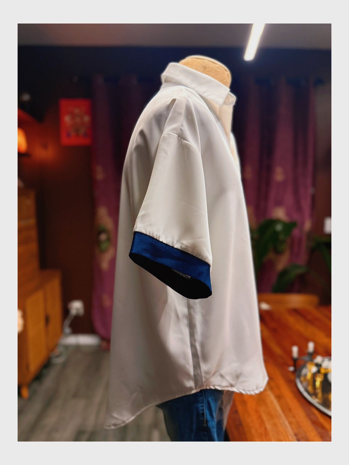 Other Unisex Silky Short Sleeve Button-Up Shirt – White with Navy Size M / US 6-8 / IT 42-44 - 3 Thumbnail