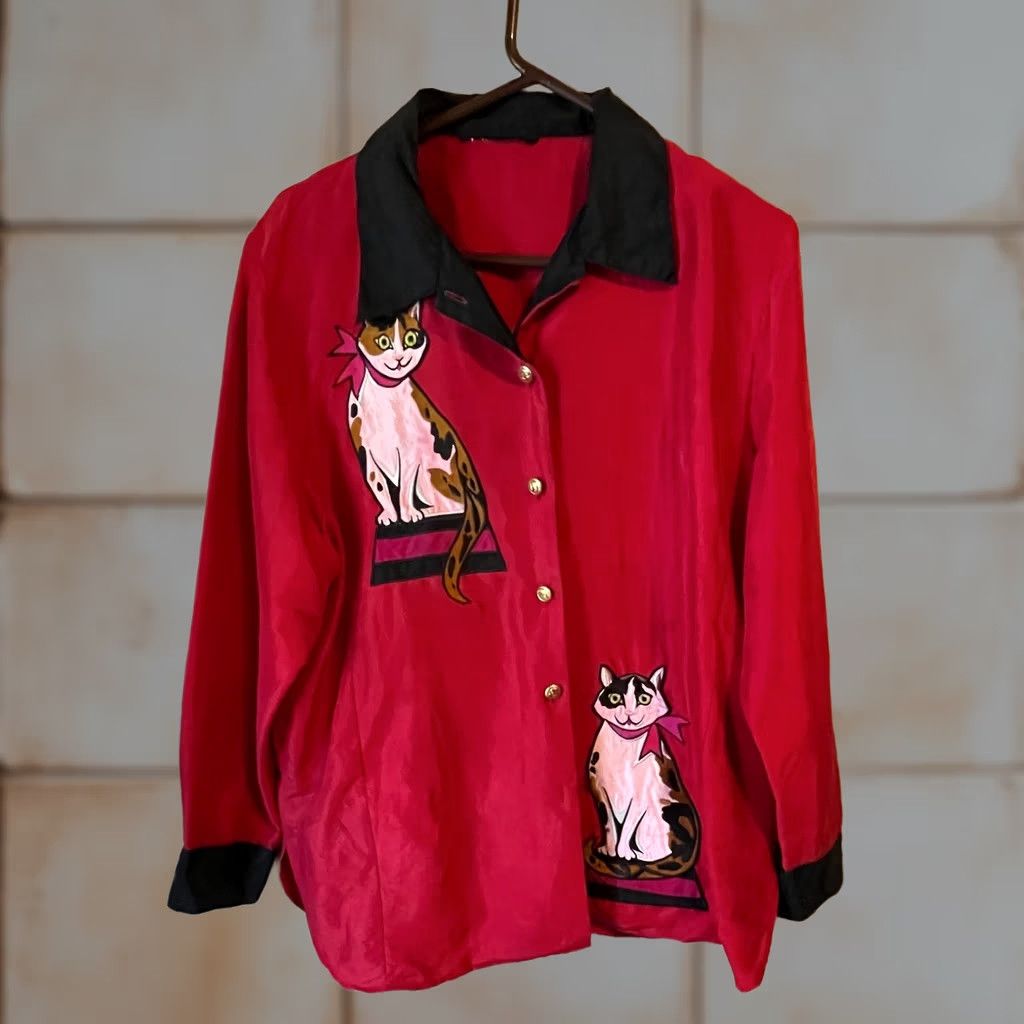 Vintage VINTAGE Bob Mackie Cat Blouse Button-Up Red Embroidered Cats Novelty Size L / US 10 / IT 46 - 1 Thumbnail