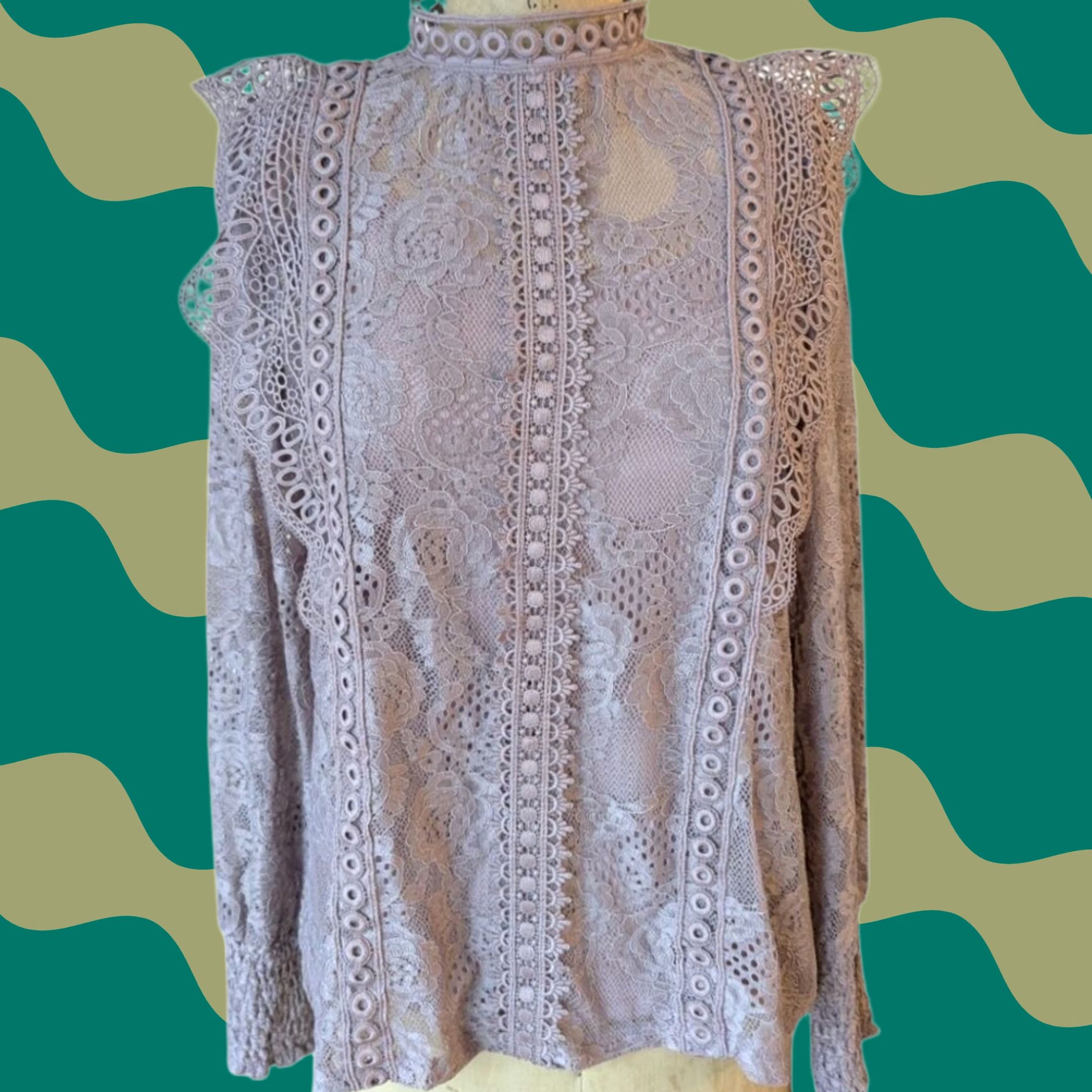 Vintage Cable & Gauge Floral Lace Mock Neck Ruffle Blouse S Women Long Sleeve Purple) Size S / US 4 / IT 40 - 1 Thumbnail