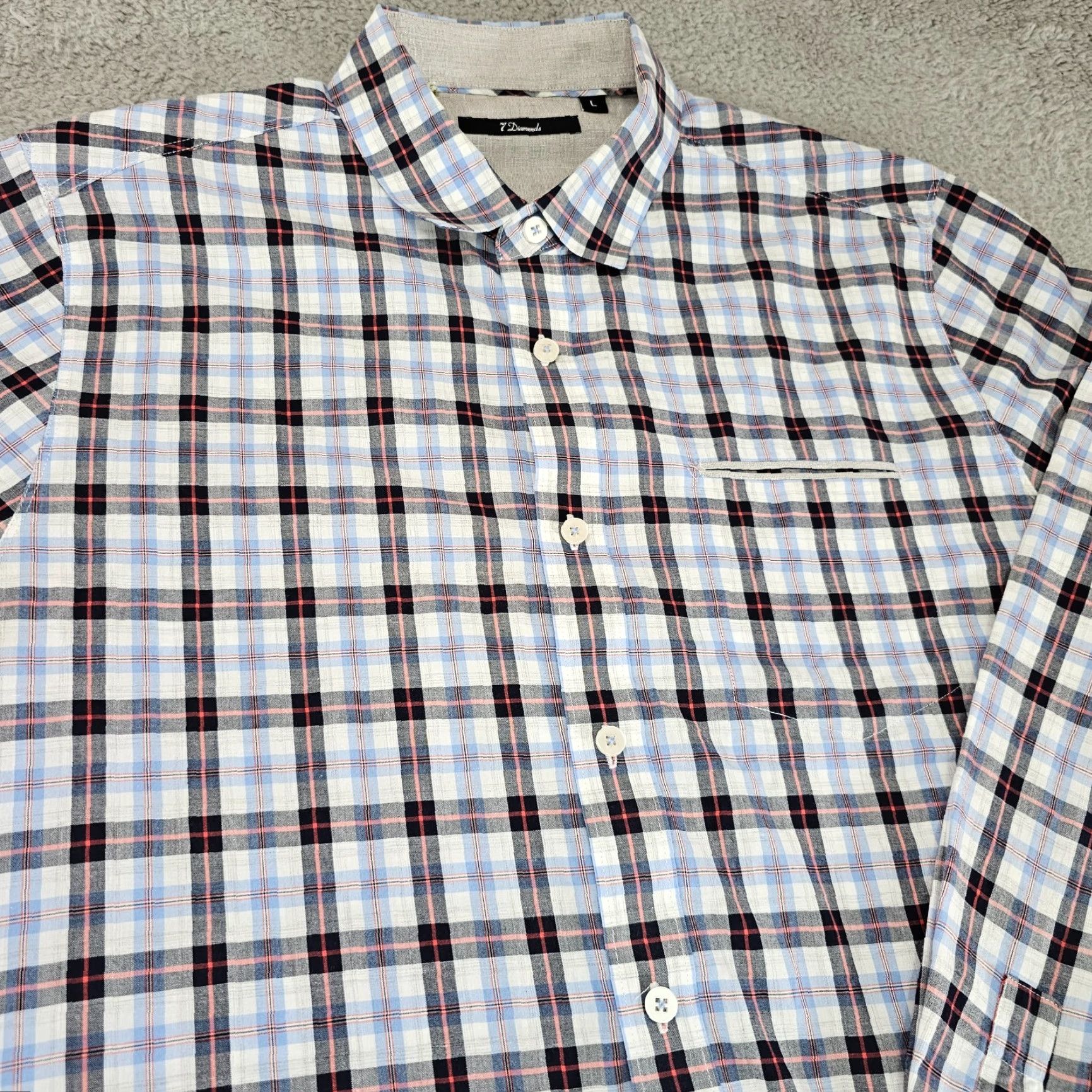 Vintage 7 Diamonds Shirt Mens Large Blue White Check Woven Button Up Long Sleeve Cotton Size US L / EU 52-54 / 3 - 2 Thumbnail