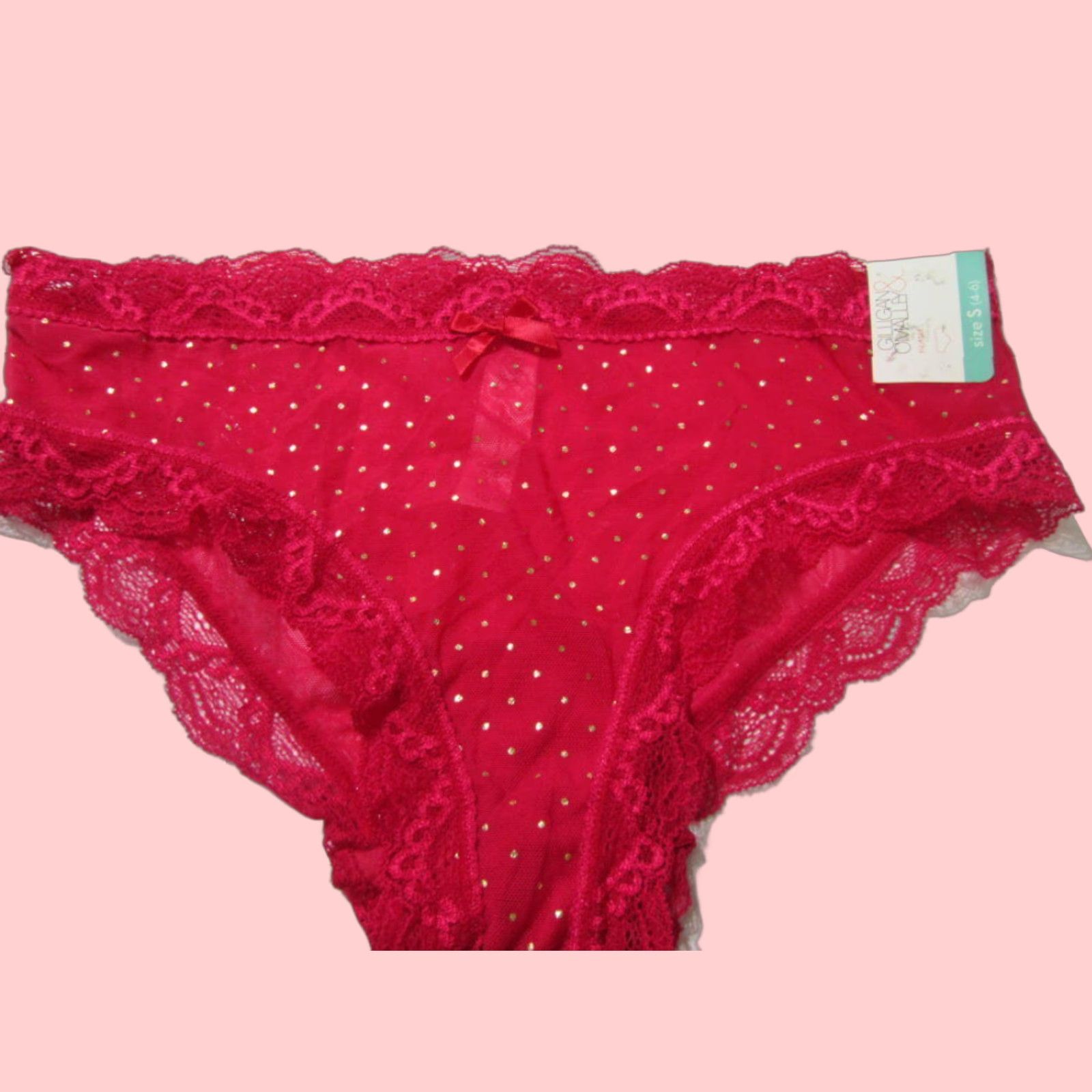 Vintage Gilligan & O'malley Womens Hipster Panty Size S Red Spotted Lace Glitter