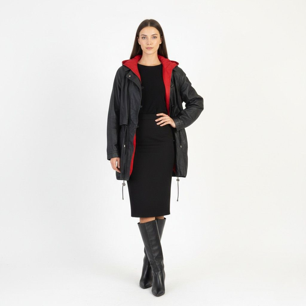 Vintage Vintage Women L Leather Jacket Black Red Hood 3968 Size L / US 10 / IT 46 - 1 Thumbnail