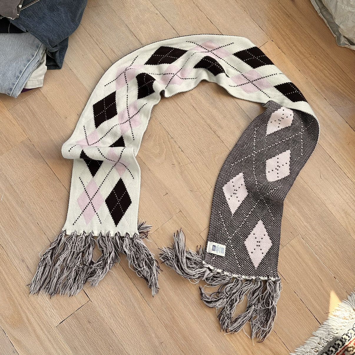Faded Glory × Vintage 00s Pink Cream Brown Argyle Thick Chunky Scarf Headwrap Size ONE SIZE - 3 Thumbnail