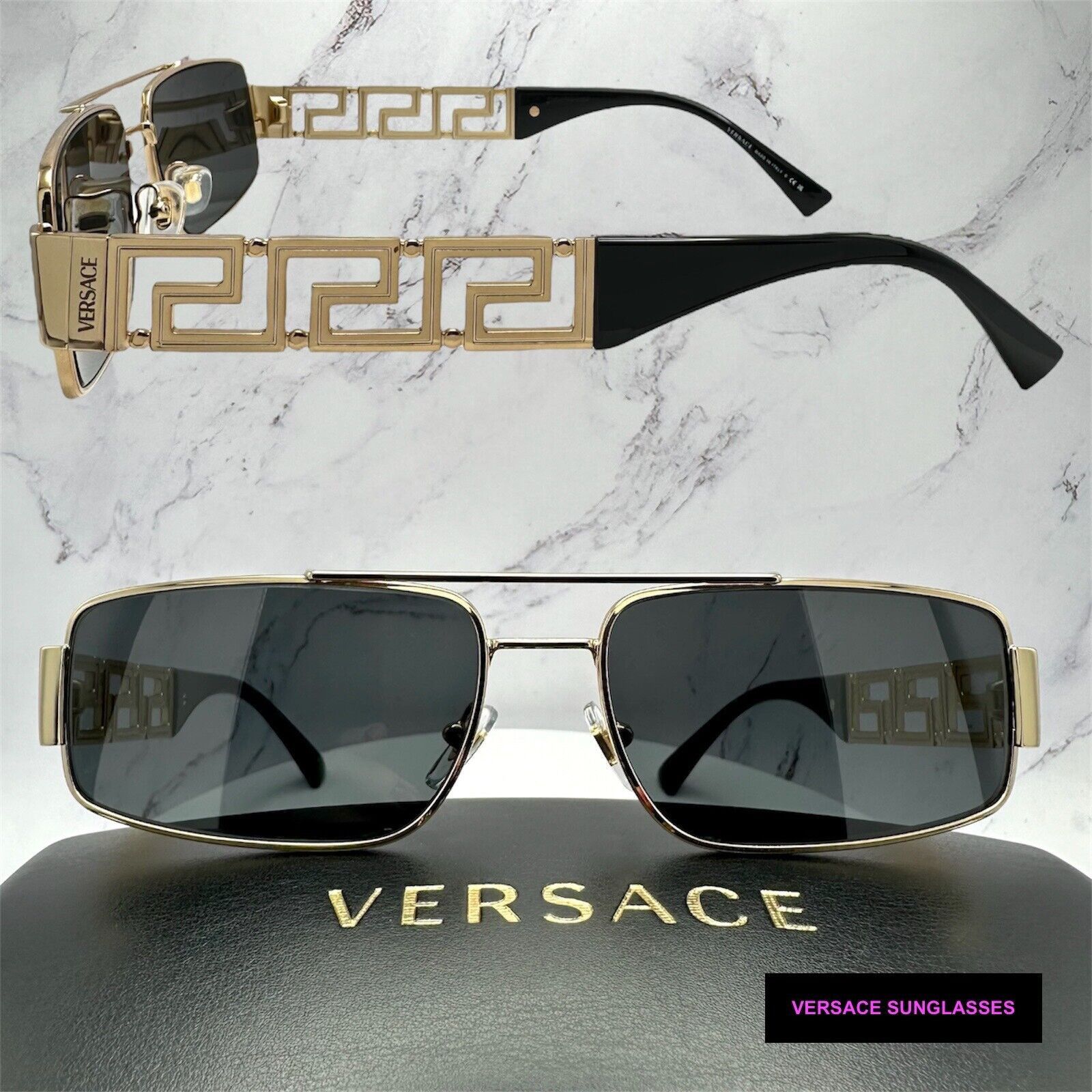 Versace Versace Sunglasses Gold Rectangle Metal Logo Black Retro Size ONE SIZE - 15 Thumbnail