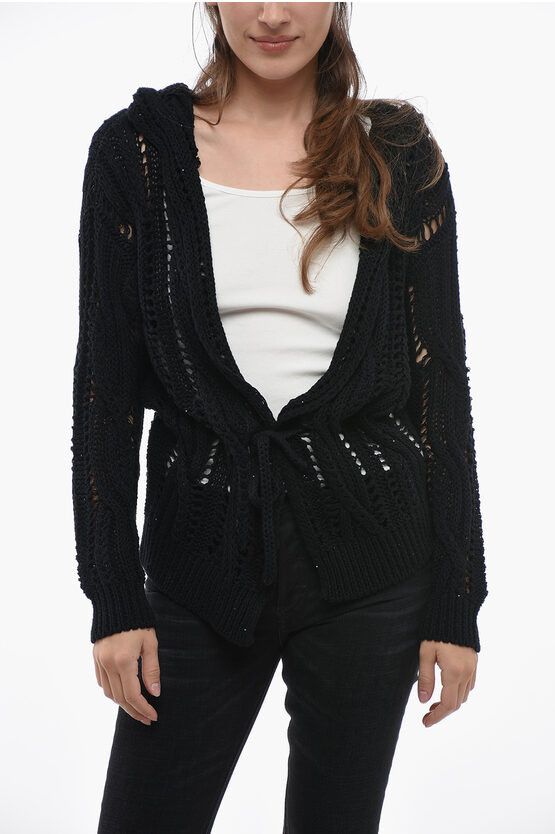 image of Fabiana Filippi Hooded Crochet Cardigan With Sequines in Black, Women's (Size Small)