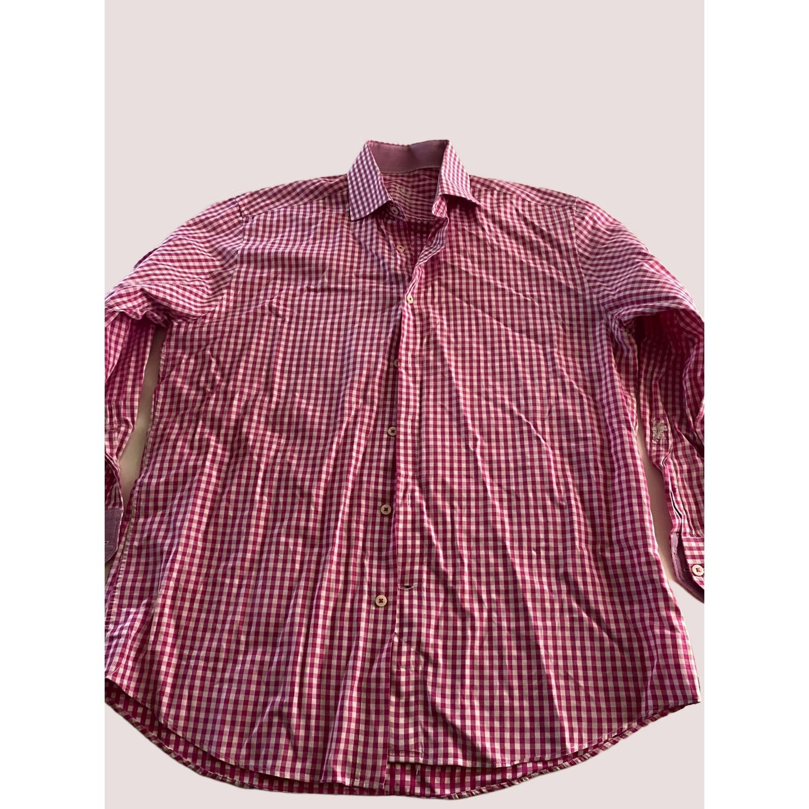BUGATCHI VINTAGE Bugatchi Uomo Pink Check LONG SLEEVE SHIRT XL Trim 17 x 32/33 Extra Large Size US XL / EU 56 / 4 - 1 Thumbnail