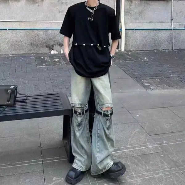 Japanese Brand VIBE High street distressed heavy-duty strappy baggy jeans Size US 31 - 3 Thumbnail