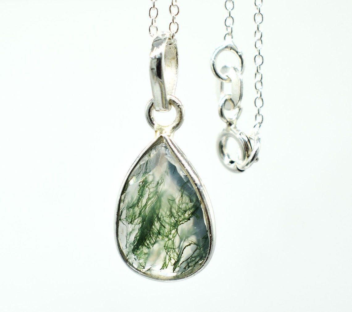 Handmade 925 Silver Moss Agate Necklace Checker Cut stone Pendant Size ONE SIZE - 6 Thumbnail