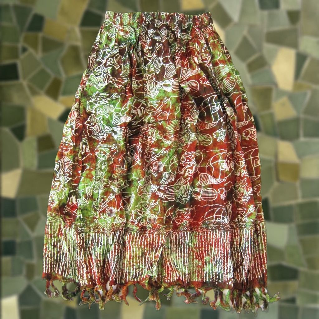 Vintage VINTAGE Gecko California 100% Rayon Green Brown Fish Pocket Long Maxi Skirt S Size 28" / US 6 / IT 42 - 1 Thumbnail