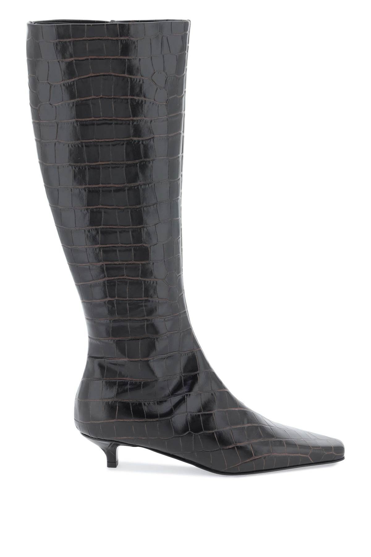 image of Toteme The Slim Knee-High Boots In Crocodile-Effect Leather in Dark Brown, Women's (Size 7)