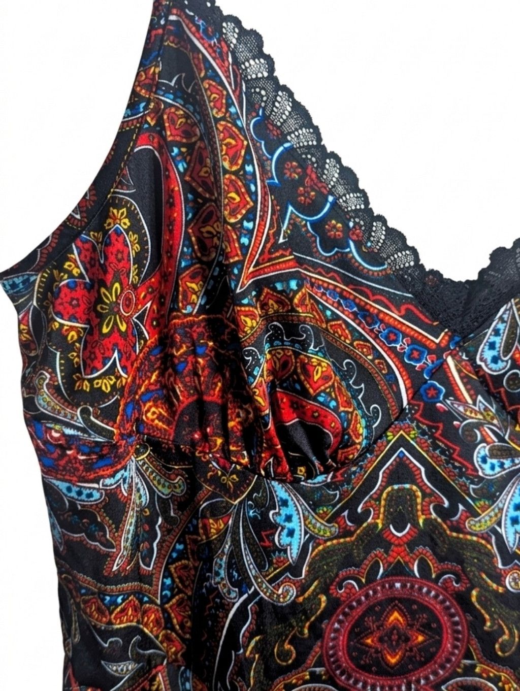 Shein Boho Paisley Print Smocked Mini Dress Lace Trim Strappy Size L / US 10 / IT 46 - 3 Thumbnail