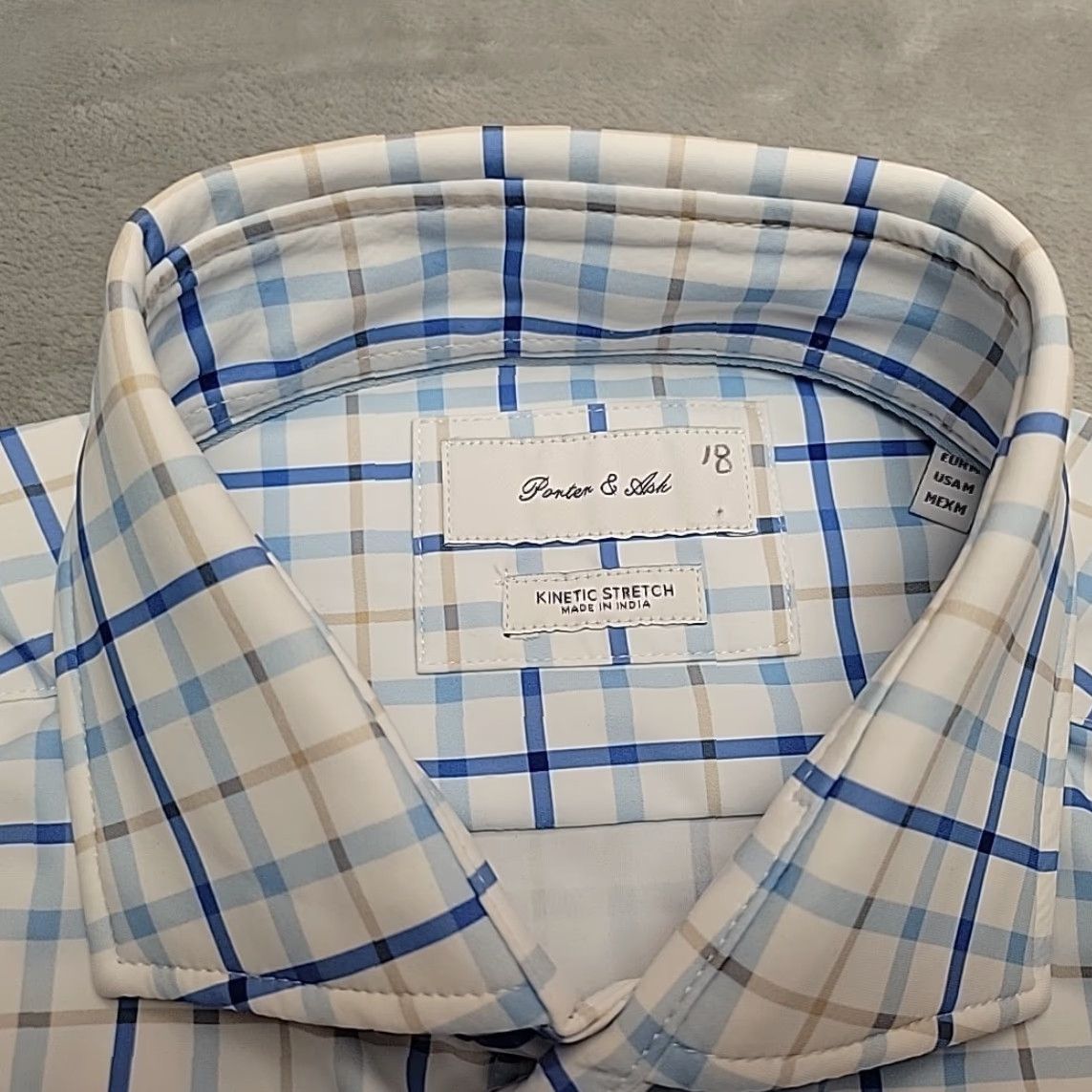 ASH Porter Ash Shirt Mens M Blue Kinetic Stretch Performance Knit Long Sleeve Casual Plaid Size US L / EU 52-54 / 3 - 4 Thumbnail