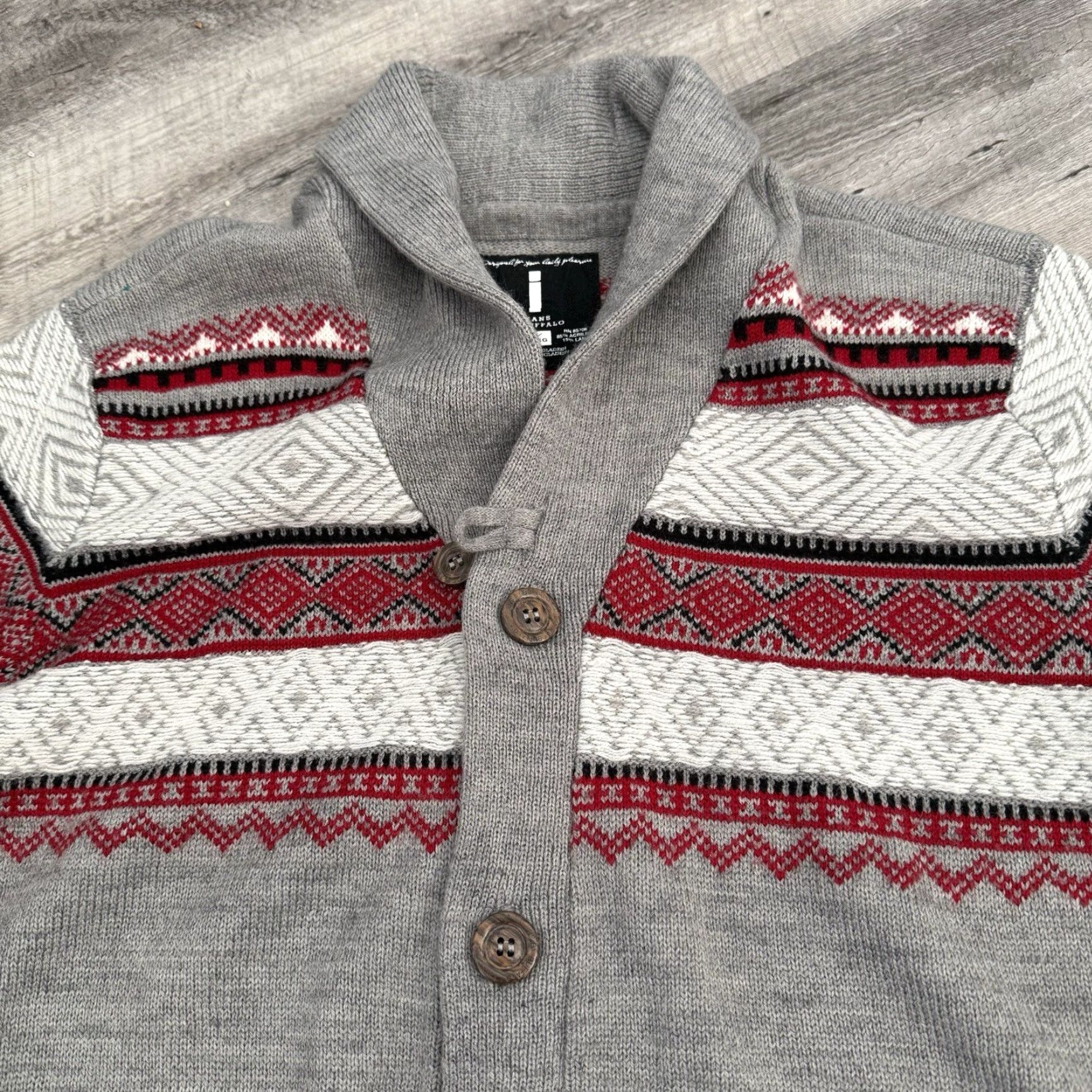 Vintage Buffalo I Jeans Cardigan Sweater Mens XL Gray Red Shawl Knit Christmas Holiday Shirt? Size US XL / EU 56 / 4 - 3 Thumbnail