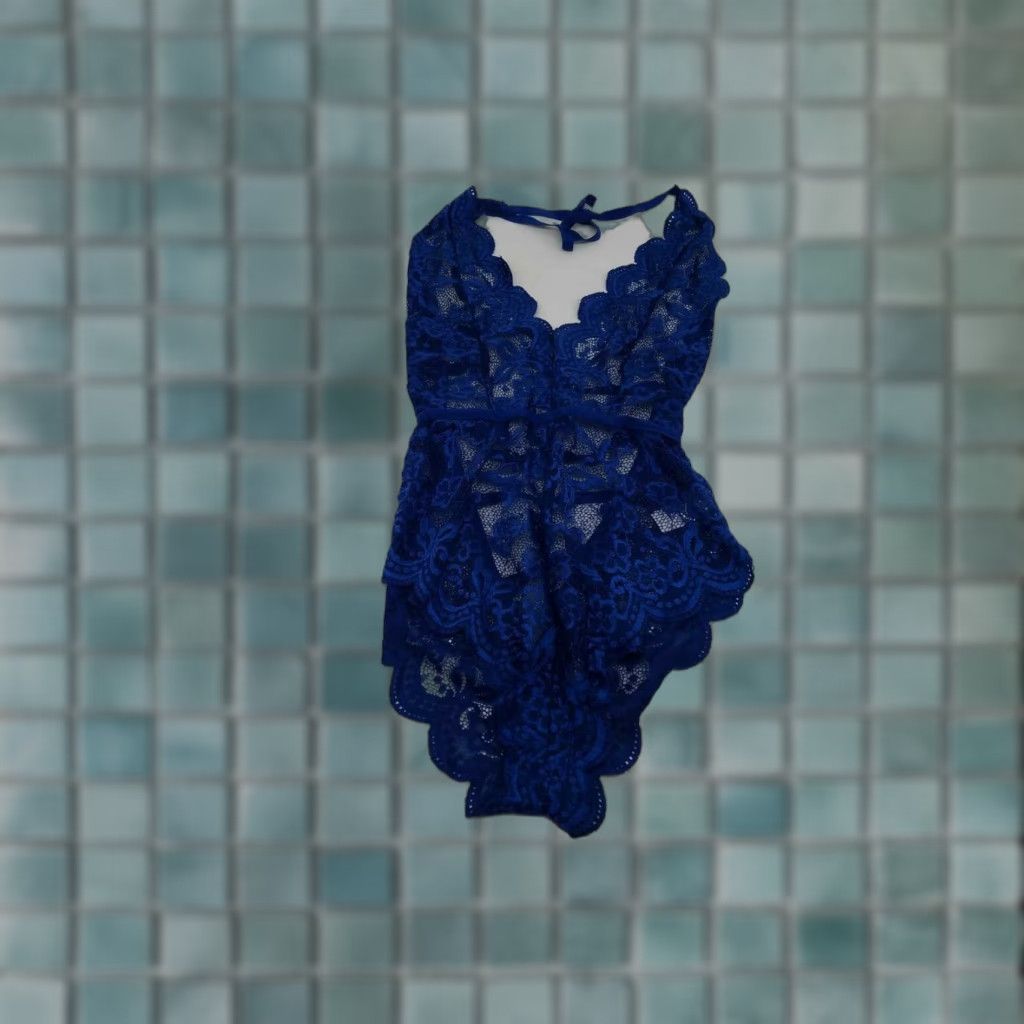 Vintage Kaei & Shi Womens High Cut Halter V Neck Lace Trim Blue Lingerie Bodysuit Size M Size M / US 6-8 / IT 42-44 - 1 Thumbnail