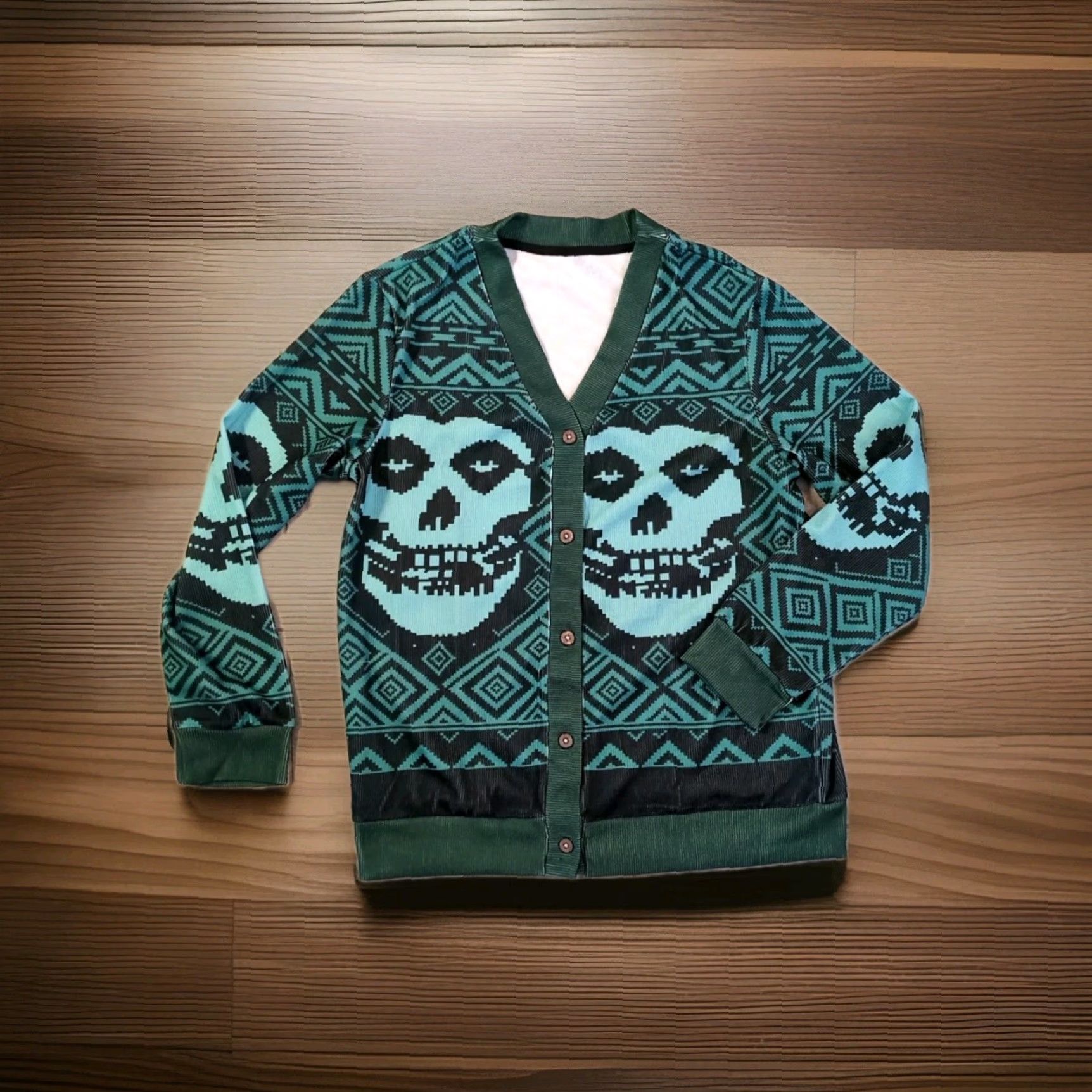 Vintage Misfits Mens XL Green Button-Up Sweater V-Neck Long Sleeve Skull Graphic Knit Punk Rock Goth Cardigan 80s Retro Halloween Size US XL / EU 56 / 4 - 3 Thumbnail