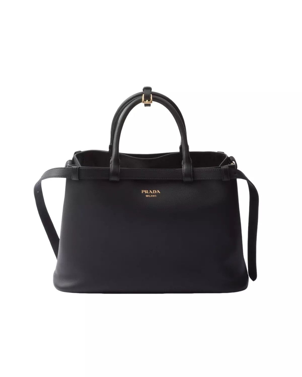 Prada PRADA Buckle Medium Black Leather Double Belted Handbag New Size ONE SIZE - 1 Thumbnail