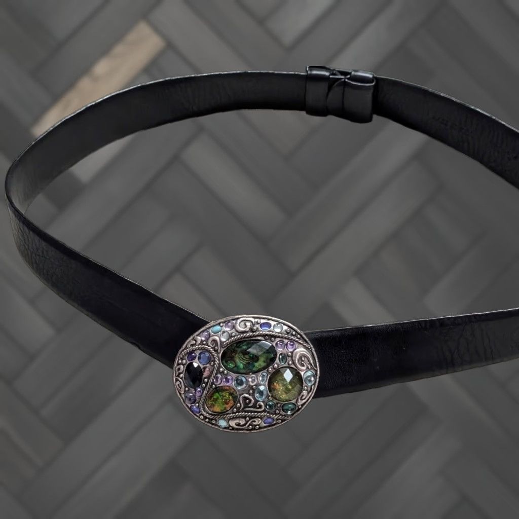 Vintage Chicos black leather belt rhinestone gem-stone insets one size 22-36 Women Size ONE SIZE - 1 Thumbnail