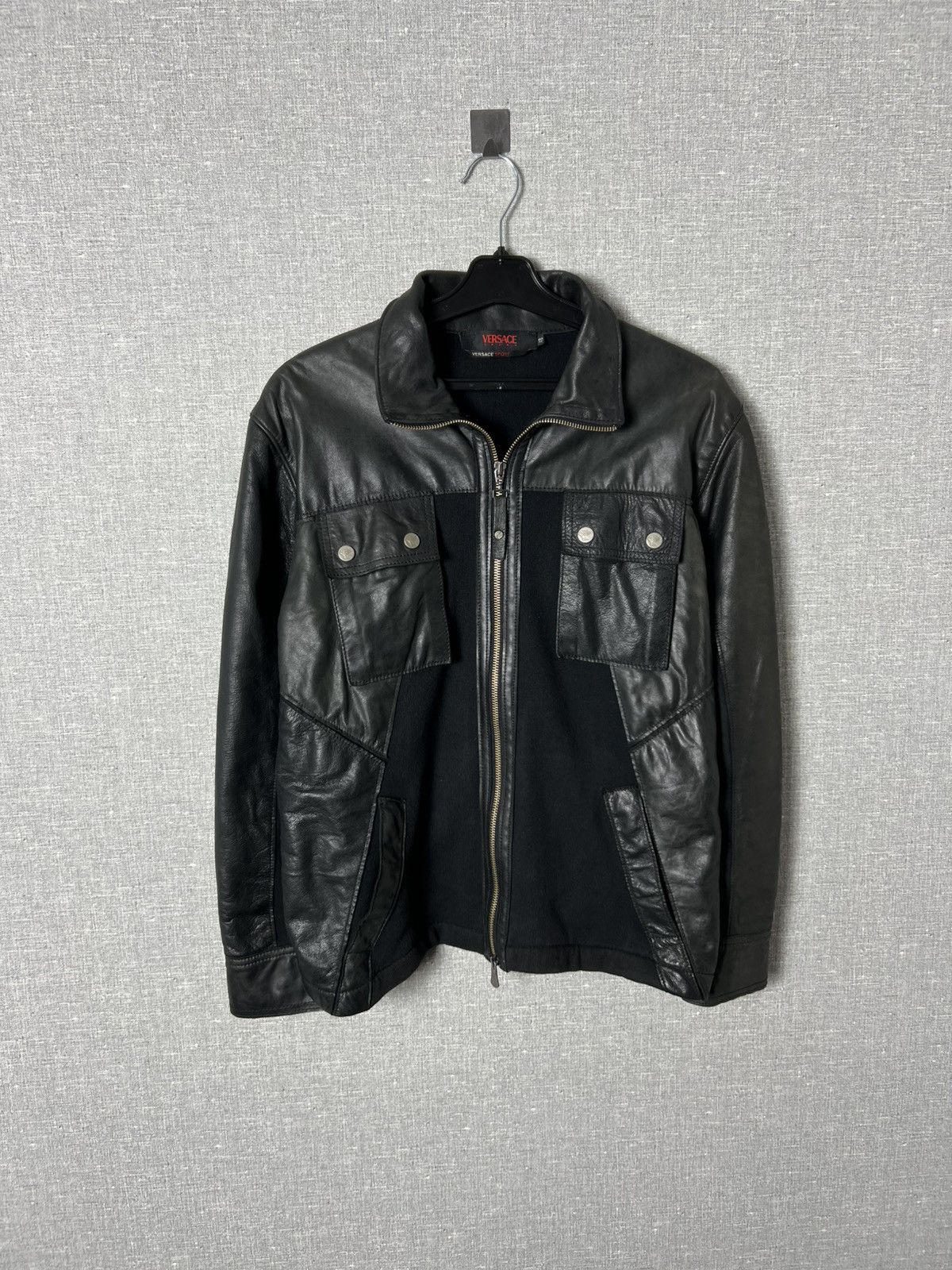 Versace Vintage Versace Sport Big Logo Collared Leather Jacket Biker Size US M / EU 48-50 / 2 - 1 Thumbnail