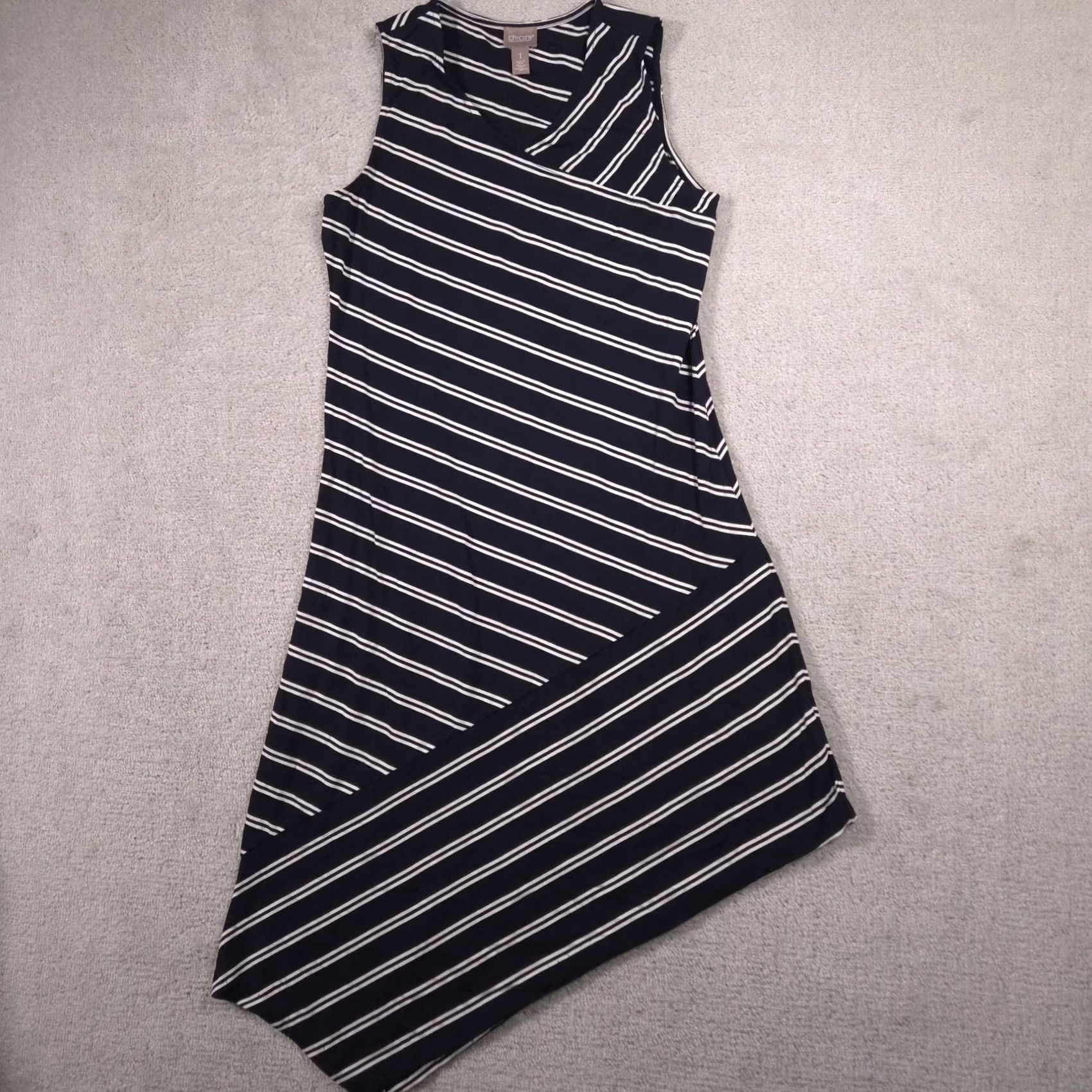 Vintage Chico's Maxi Dress Women's 1 Blue Stripe Asymmetrical Hem Sleeveless Pullover Size XS / US 0-2 / IT 36-38 - 2 Thumbnail