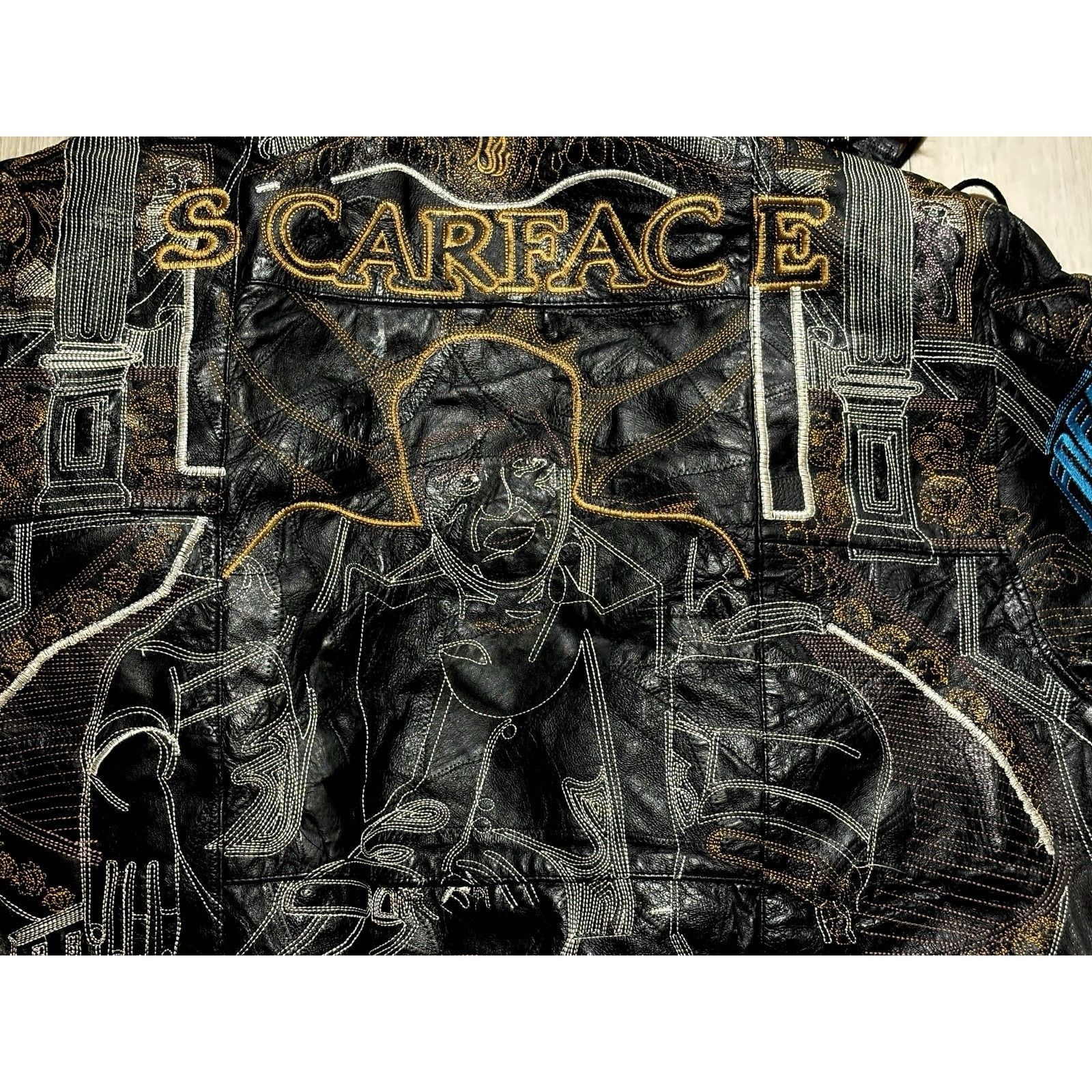 Other Scarface Leather Embroidered Fur Hood Jacket Black Y2K 5XL Size US XXL / EU 58 / 5 - 15 Thumbnail
