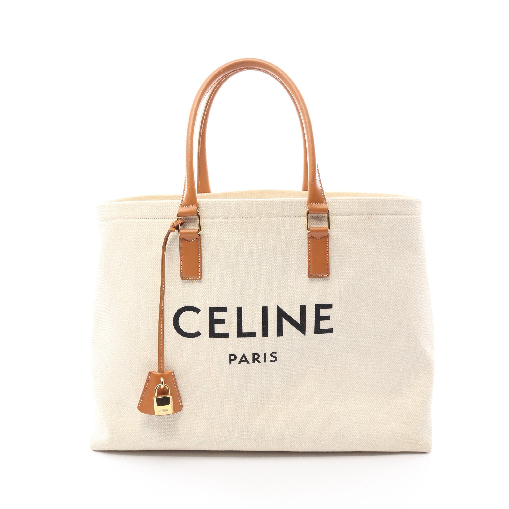 image of Celine Horizontal Hippopotamus Handbag Tote Bag Logo Canvas Leather Off White Light Brown, Women's