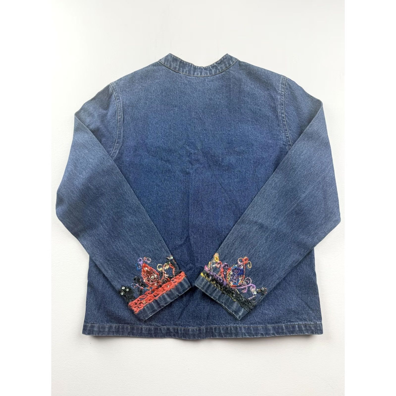 Vintage IKON CLOTHING Jacket Womens Large Blue Denim Embroidered Sequin Floral Boho Size L / US 10 / IT 46 - 2 Thumbnail