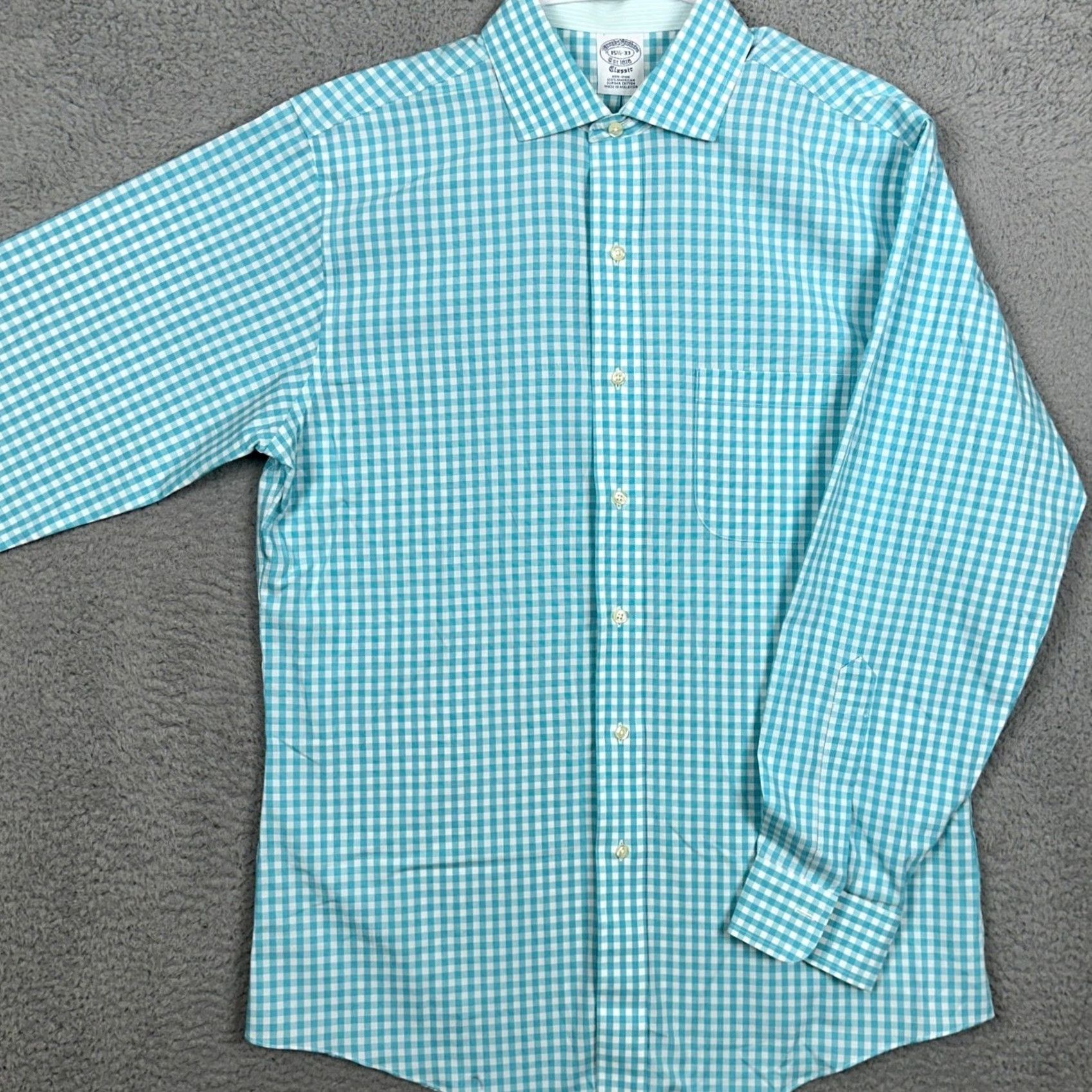 Brooks Brothers Brooks Brothers Dress Shirt Men 15.5-33 Supima Cotton Gingham Classic Fit Non-Iron 100% Blue Teal Check EUC Size 42R - 2 Thumbnail