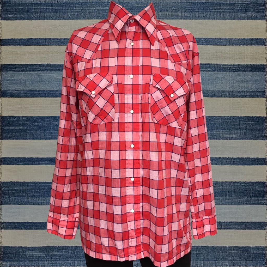 Vintage Designer's Choice Western Shirt Adult L Red Plaid Long Sleeve Pearl Snap 70s Mens, Men's