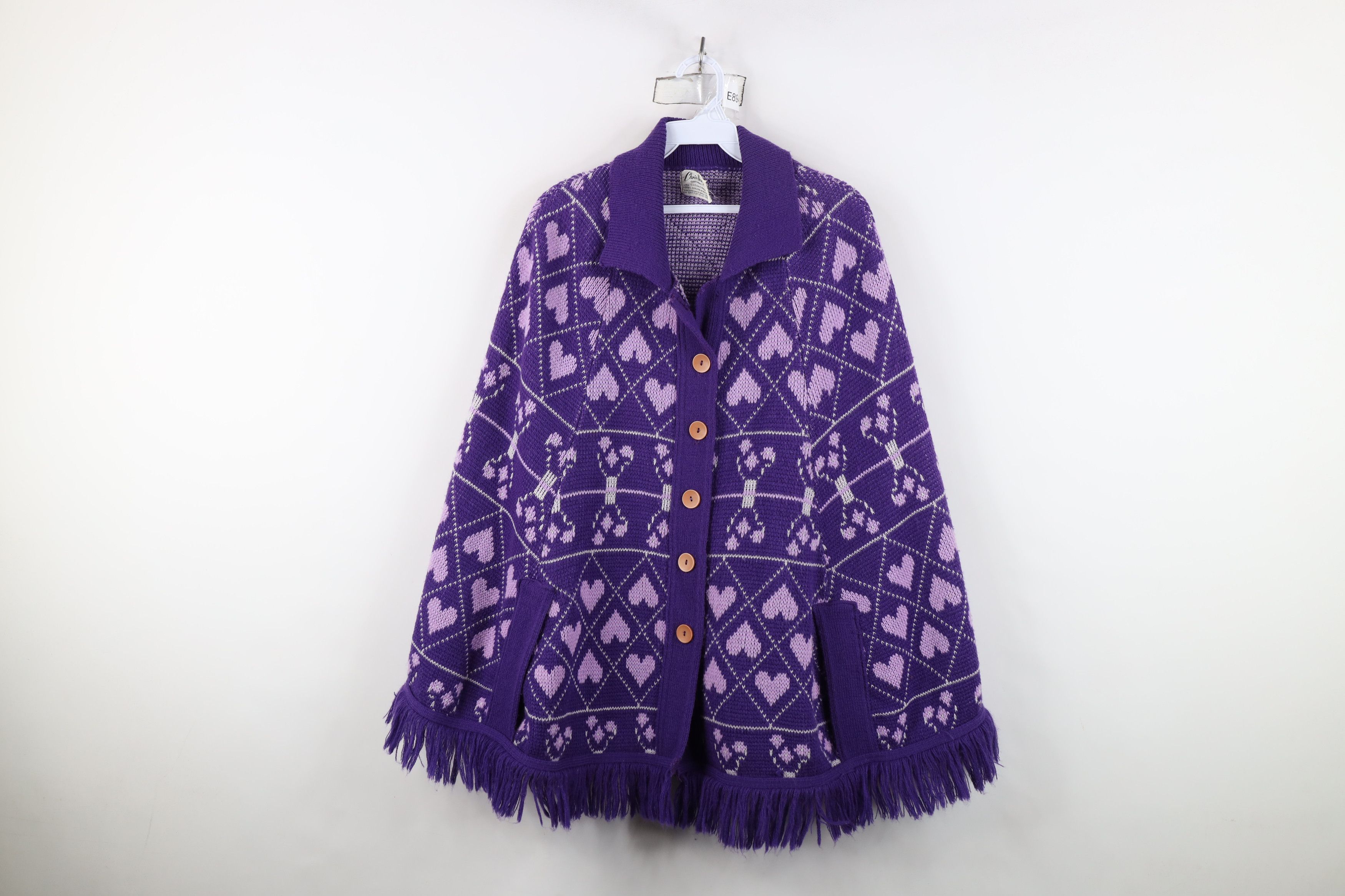 Vintage Vintage 70s Fairy Kei Kawaii Heart Knit Sweater Cape Purple Size ONE SIZE - 1 Thumbnail