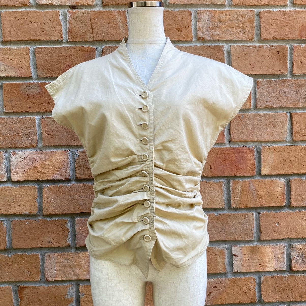 Japanese Brand KEI IWAMOTO Beige Ruched Button-Front Blouse Size S / US 4 / IT 40 - 1 Thumbnail