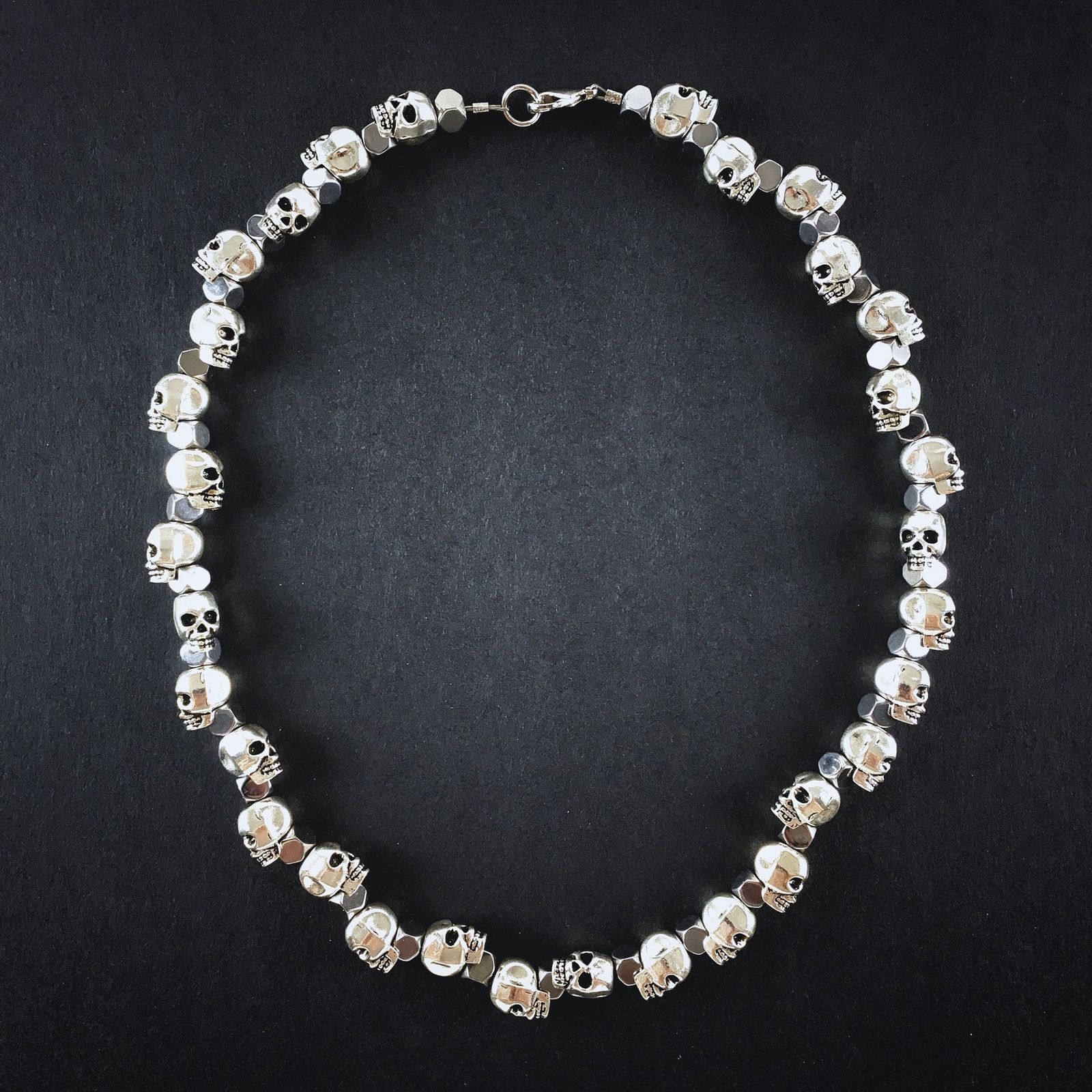 Handmade 💀20” Silver Skull and Hematite Beaded Necklace Chain Size ONE SIZE - 2 Thumbnail