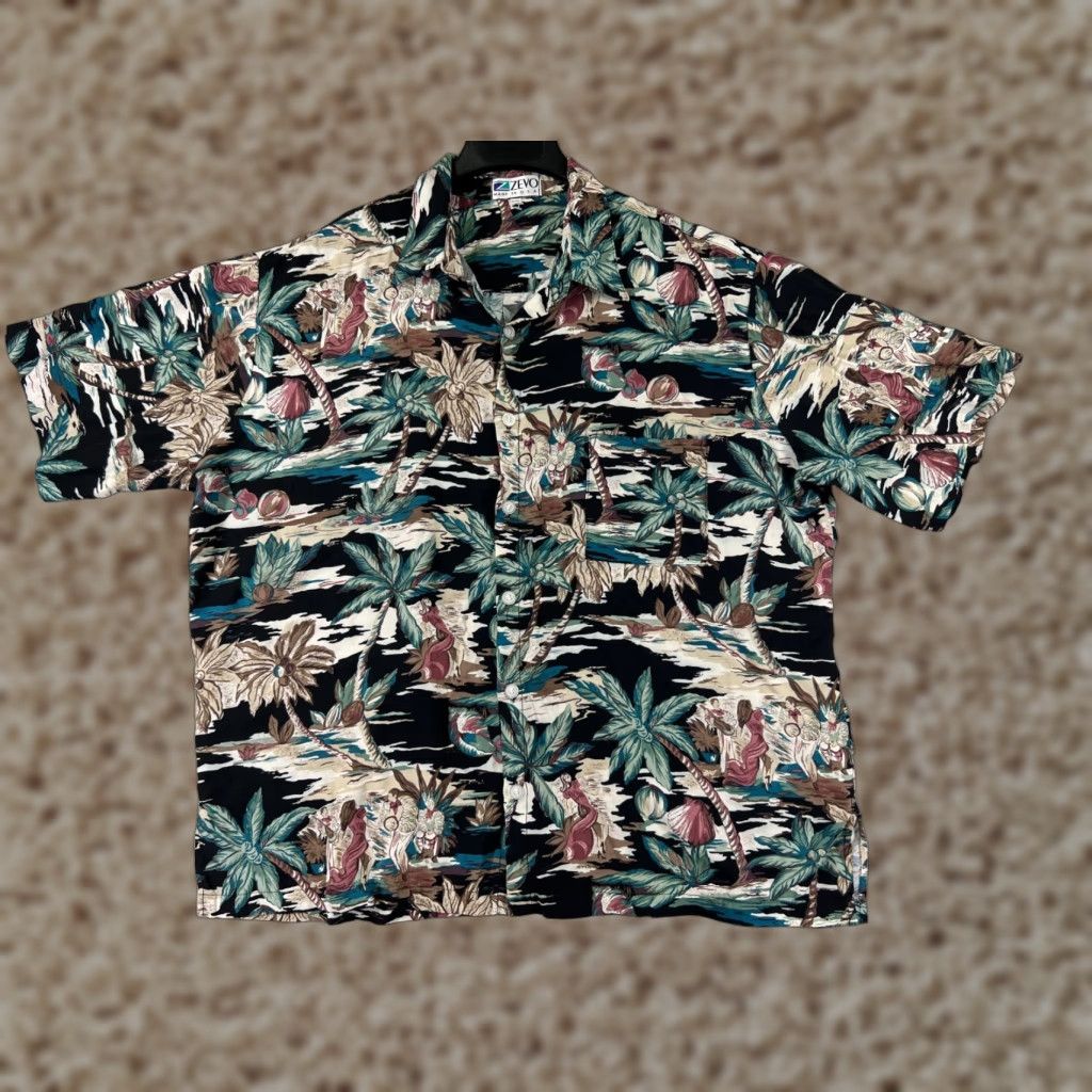 VINTAGE Zevo Shirt Men L Green Floral Button-Up Hawaiian Aloha Beach Vacation Cotton Short Sleeve Button 2XL XXL Relaxed Mens