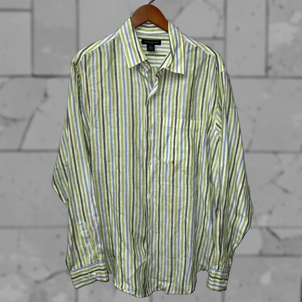 Banana Republic Banana Republic 100% Linen Green Striped Button-Up Shirt Men’s L Long Sleeve Size US L / EU 52-54 / 3 - 1 Thumbnail