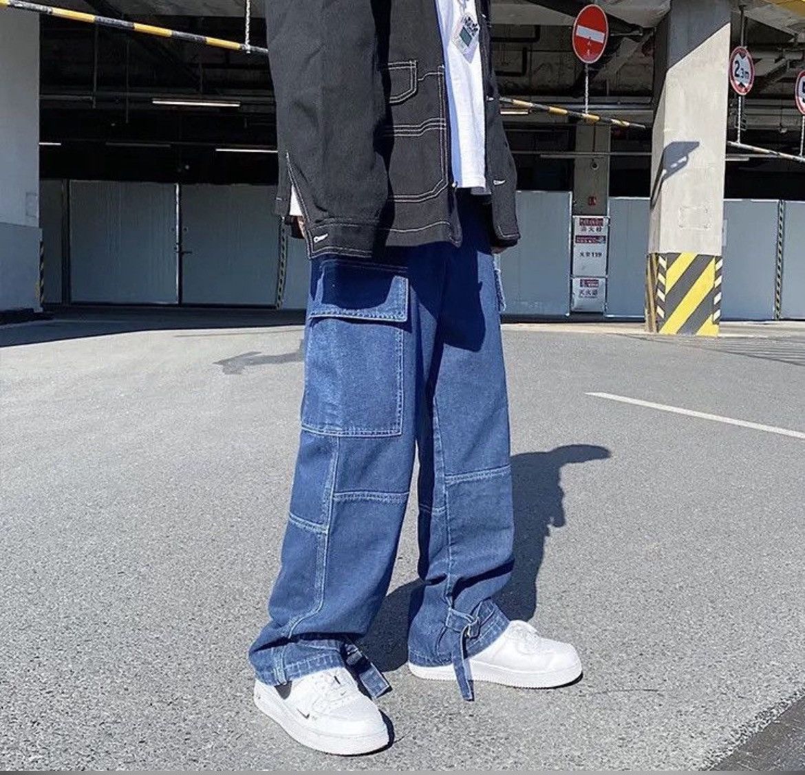 Jean Dark Blue Cargo jeans Wide Leg Denim Loose Straight Baggy Size US 31 - 5 Thumbnail