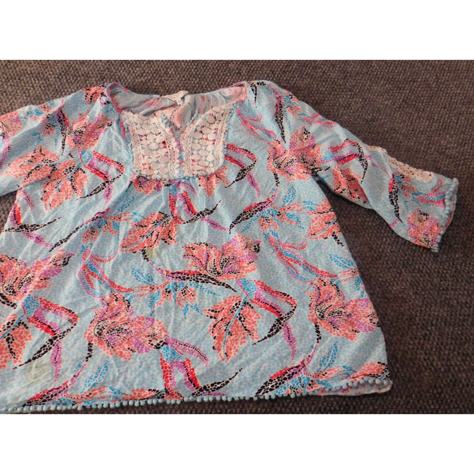 Vintage Crown & Ivy Blouse Womens PL Petites Blue Floral Knit Rayon Crew Neck Pullover Long Sleeve Button Basic Designer Vintage: No Size L / US 10 / IT 46 - 2 Thumbnail