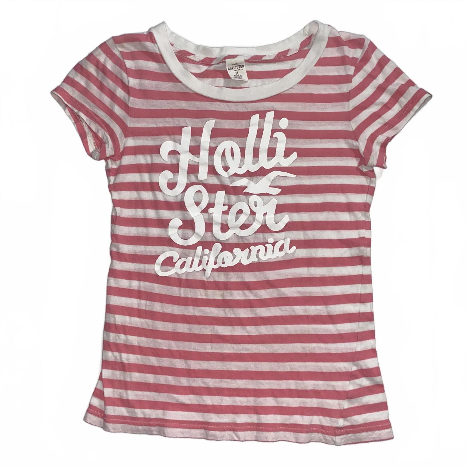 Designer Y2K Hollister Pink White Striped Logo Tee M Graphic Top Size M / US 6-8 / IT 42-44 - 1 Thumbnail