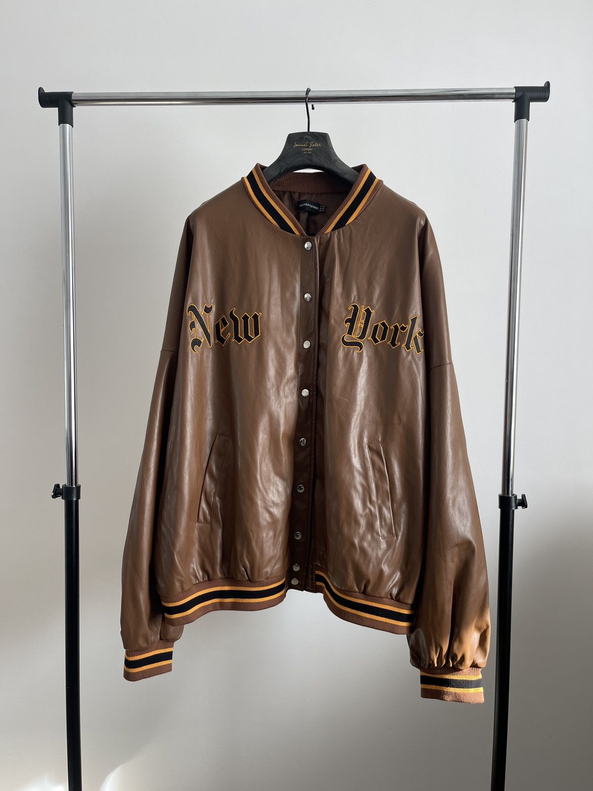 PrettyLittleThing Brown Faux Leather Varsity jacket with NEW YORK spelled out Size 3XL / US 20-22 - 2 Thumbnail