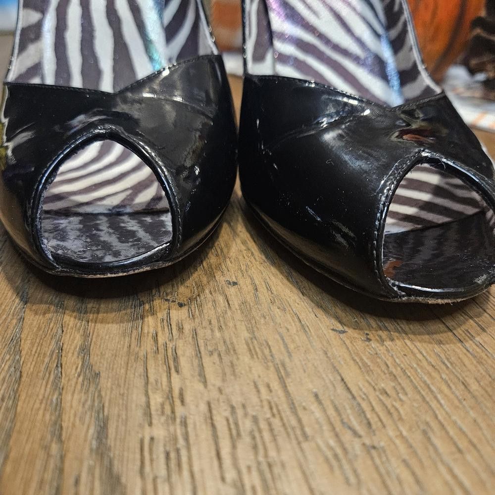 Stuart Weitzman Stylish Black Peep-Toe Heels with Zebra Print Insoles Size US 9 / IT 39 - 3 Thumbnail