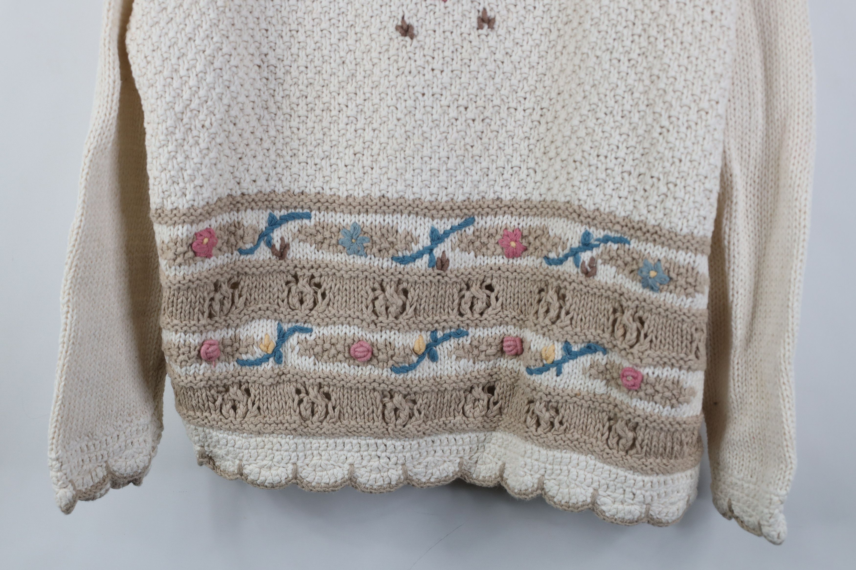 Vintage Vintage 90s Country Primitive Flower Knit Sweater Cream Size L / US 10 / IT 46 - 3 Thumbnail